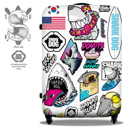 [돌돌] Shark DOG-Suitcase-02 샤크독 서핑 하와이 캐릭터 그래픽 디자인 여행가방 캐리어 슈트케이스 하드케이스 캠핑 가방 캐릭터 방수 튜닝 스티커 스킨 데칼