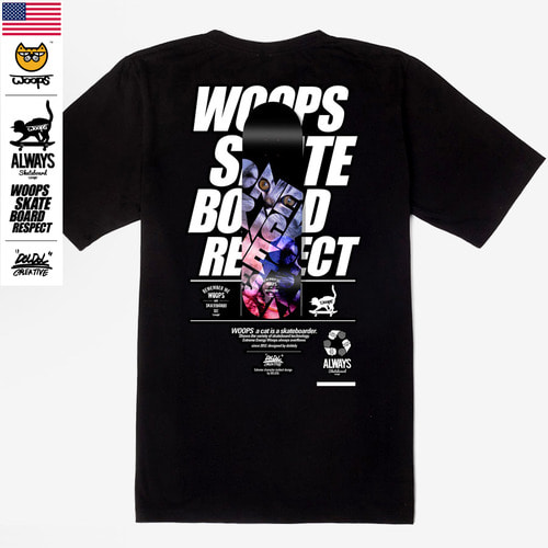 [돌돌] WOOPS_tshirts-99 스케이트보드 타는 고양이 웁스 그래픽 캐릭터 디자인 티셔츠 반팔티 