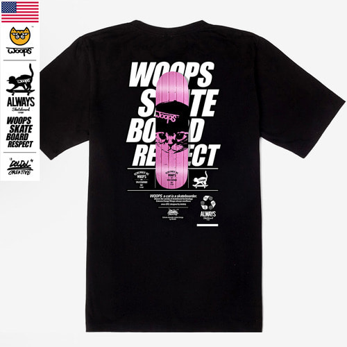 [돌돌] WOOPS_tshirts-111 스케이트보드 타는 고양이 웁스 그래픽 캐릭터 디자인 티셔츠 반팔티 