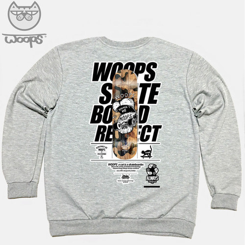 [돌돌] WOOPS-MTM-66 스케이트보드 타는 고양이 웁스 캐릭터 그래픽 디자인 맨투맨 긴팔티